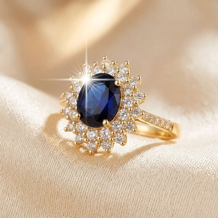 Anel Halo de Safira Dourada