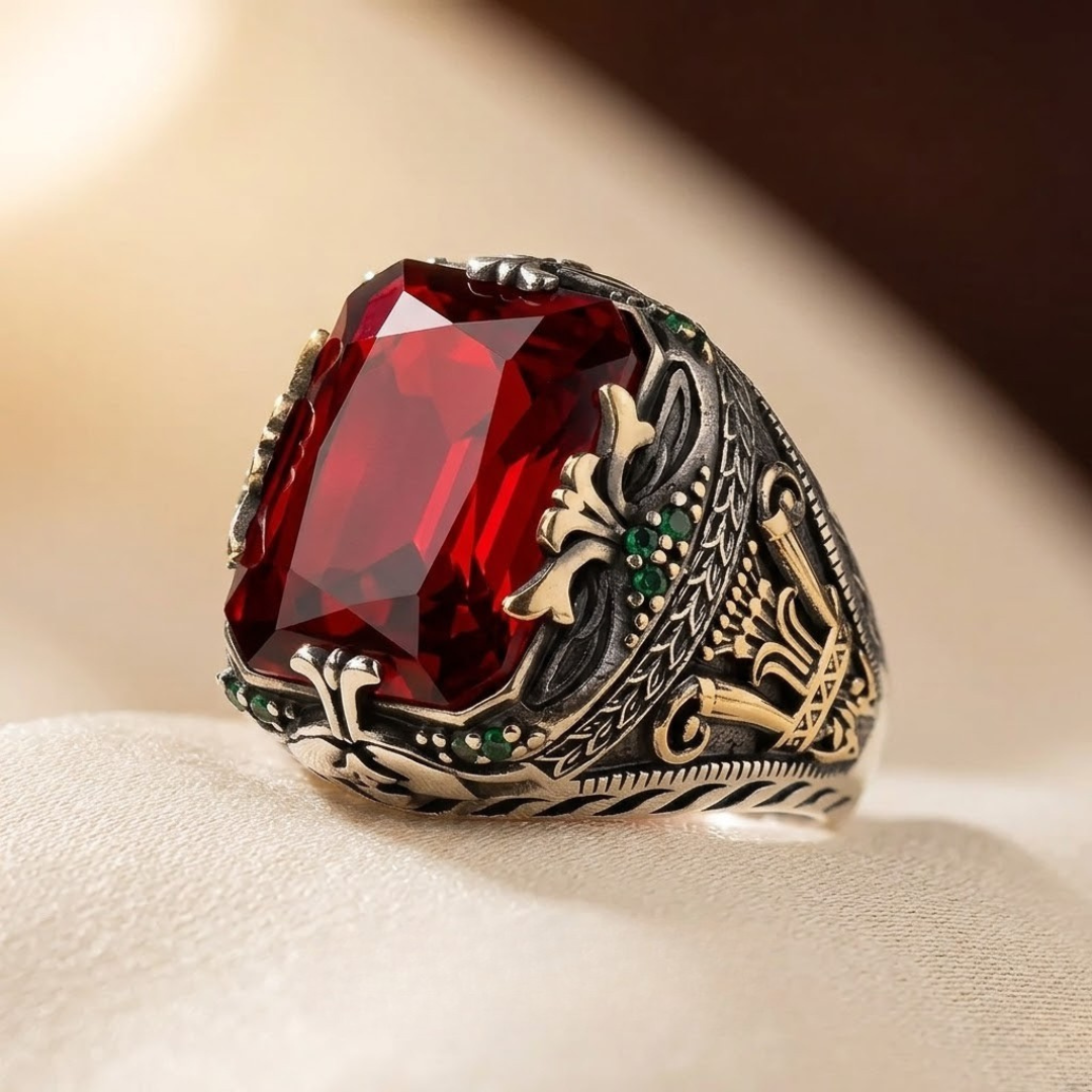 Anel Selo Ornamental de Rubi Prateado
