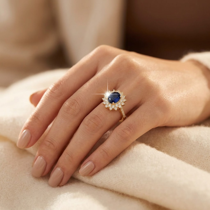 Anel Halo de Safira Dourada