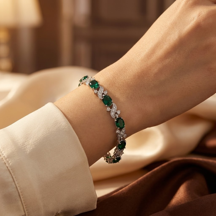 Pulseira Vintage de Elo em Prata e Esmeralda