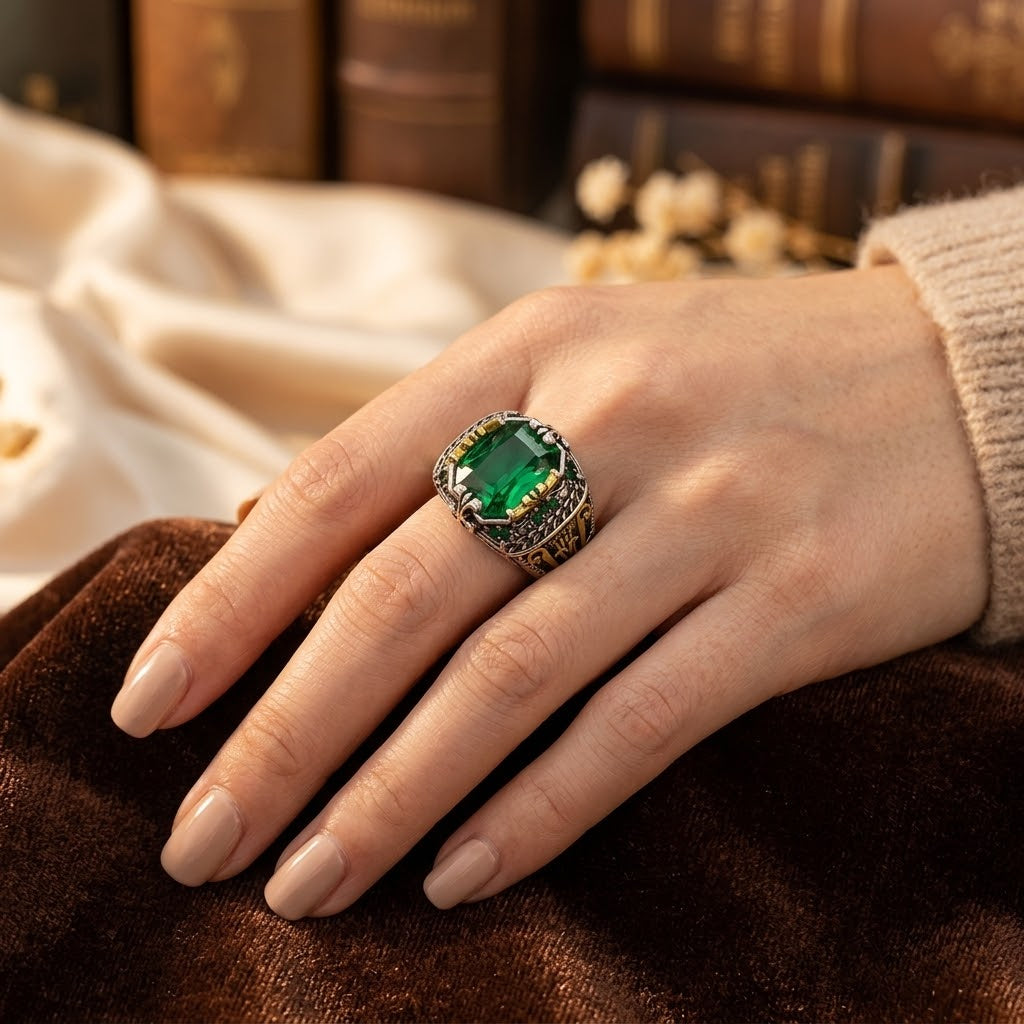 Anel Vintage de Prata e Esmeralda