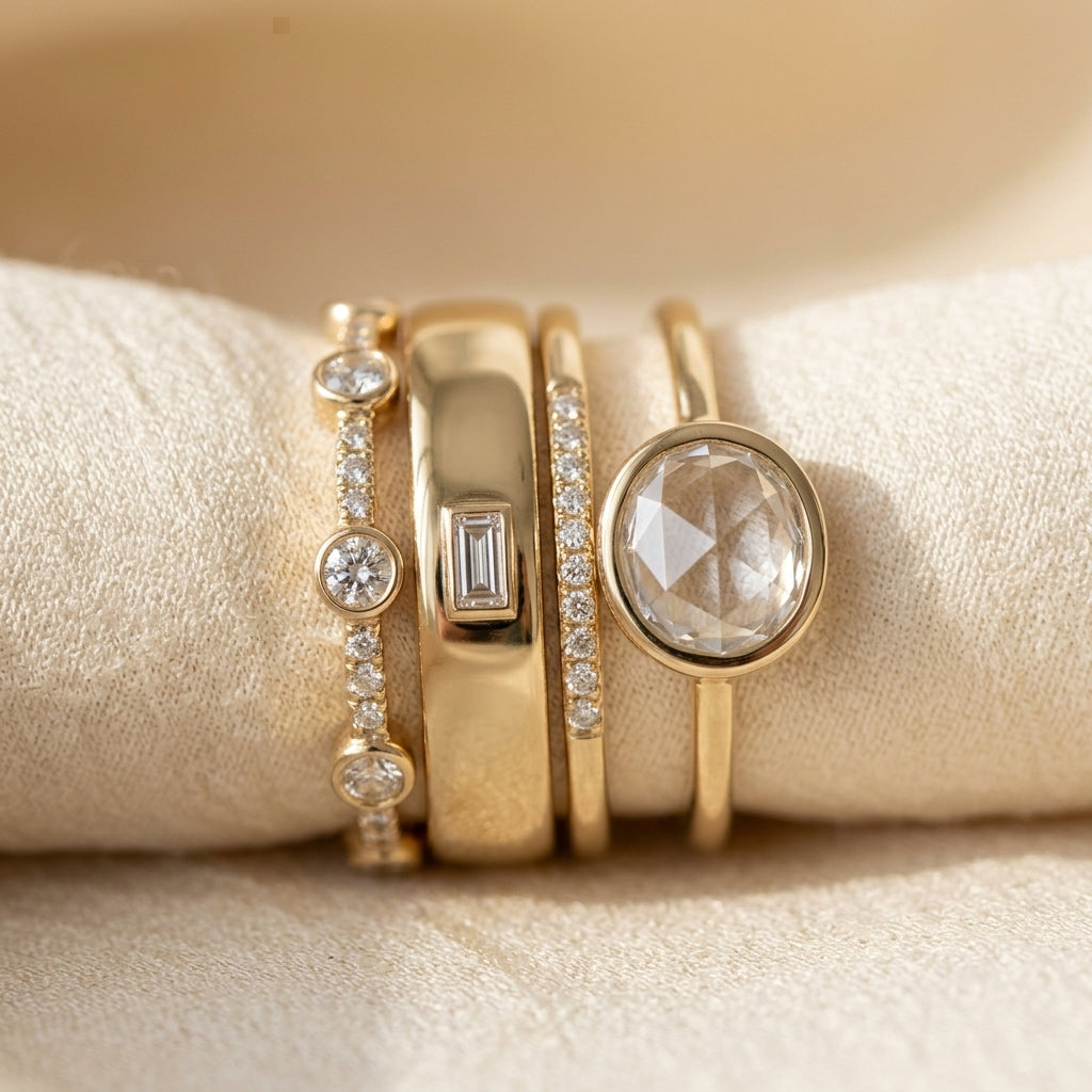 Conjunto de Anéis com Bezel Empilhados em Ouro