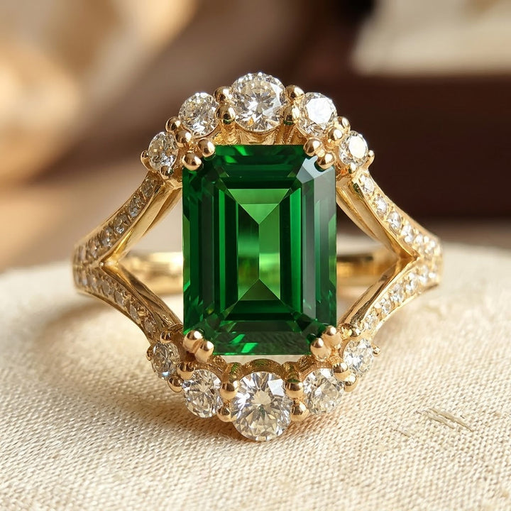 Anel Halo de Ouro com Esmeralda