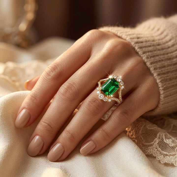 Anel Halo de Ouro com Esmeralda