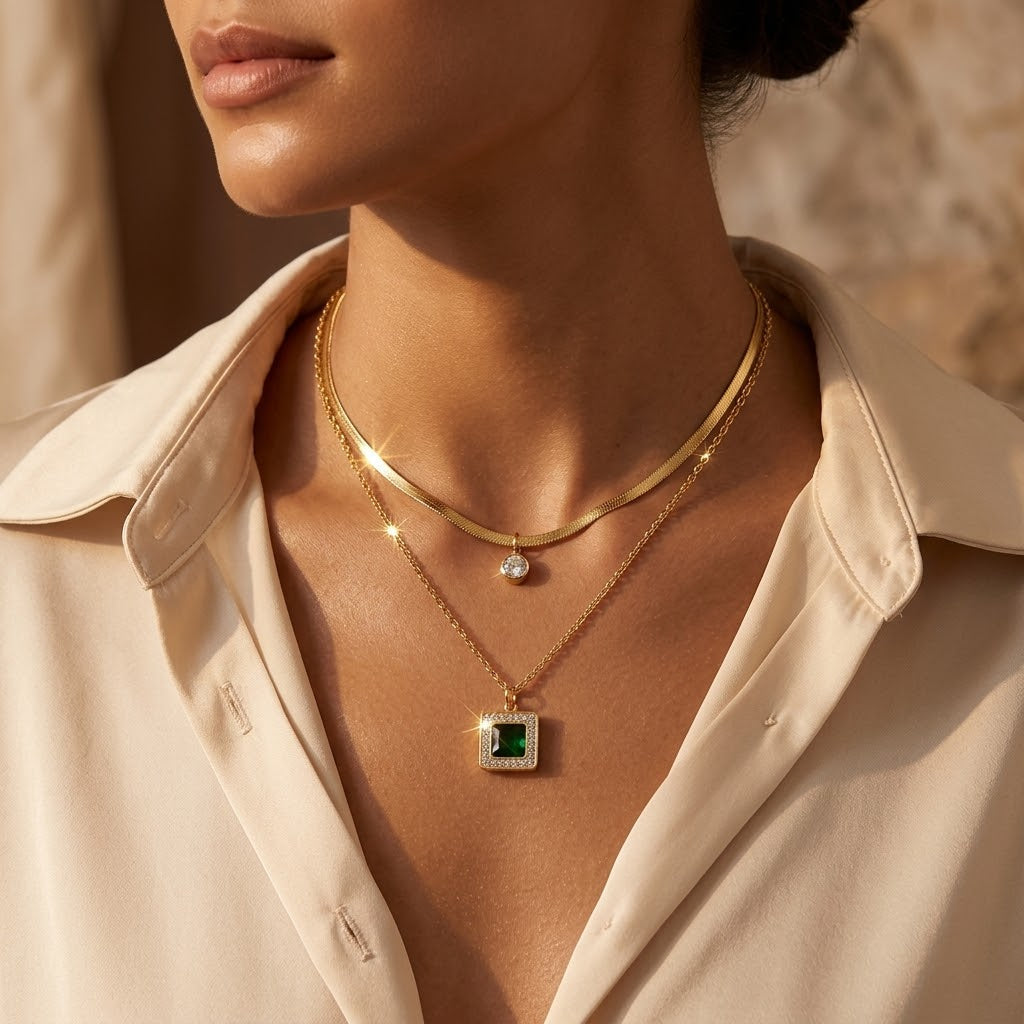 Colar Camadas de Ouro e Esmeralda