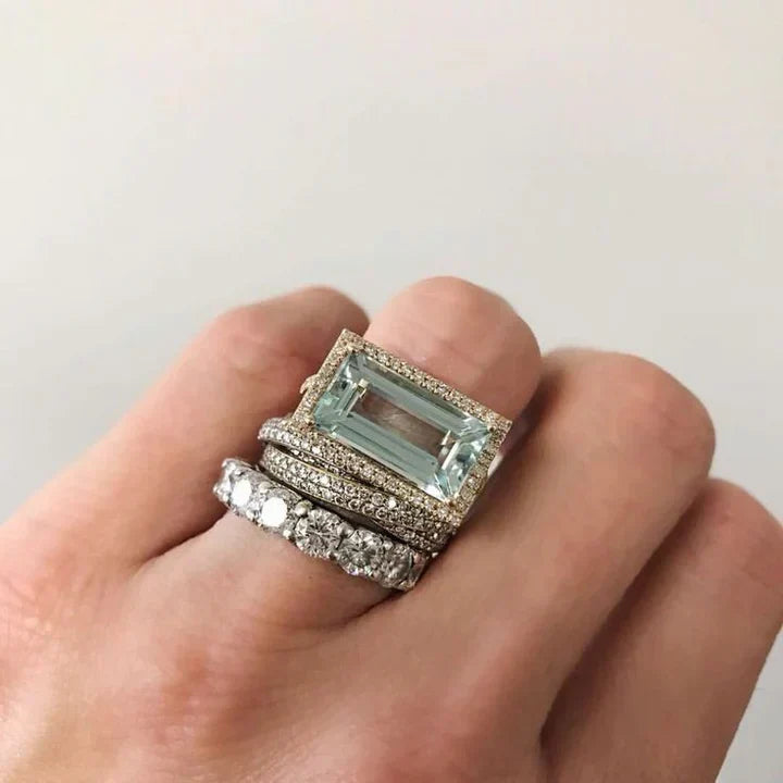 Conjunto de Anéis de Vidro Turquesa Prateado Vintage