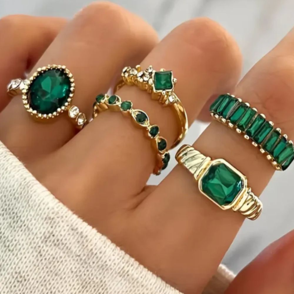 Conjunto de Anéis de Ouro com Esmeralda Exquisita Zarina
