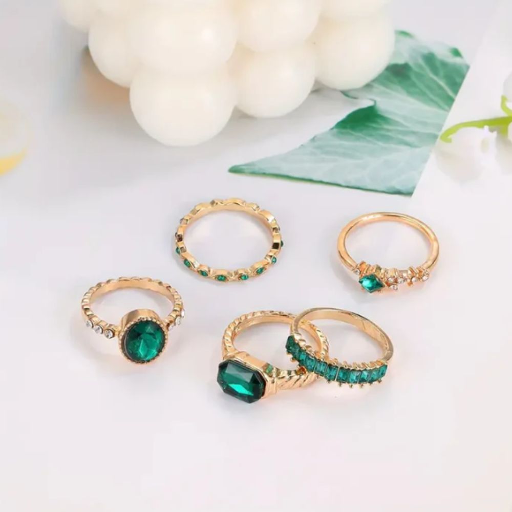 Conjunto de Anéis de Ouro com Esmeralda Exquisita Zarina